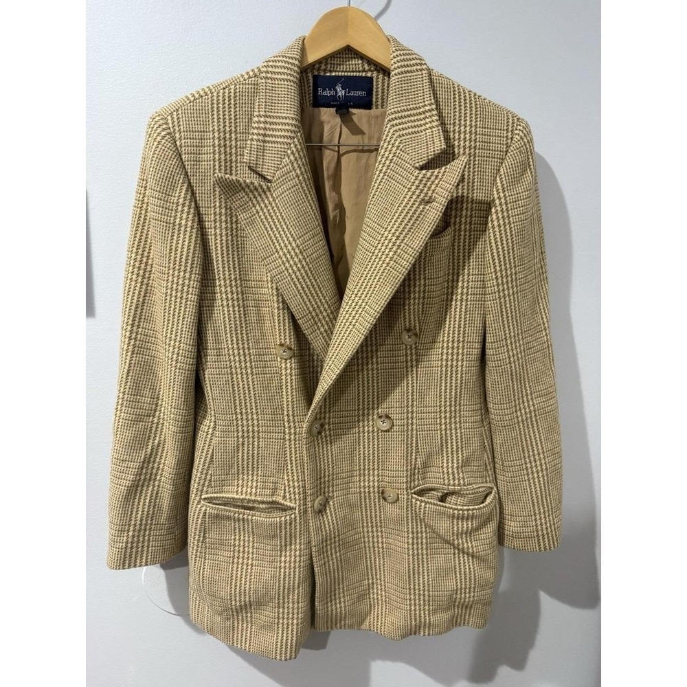 Vintage Polo Ralph Lauren Houndstooth Double Breasted Blazer Wool Brown Tan Sz 6